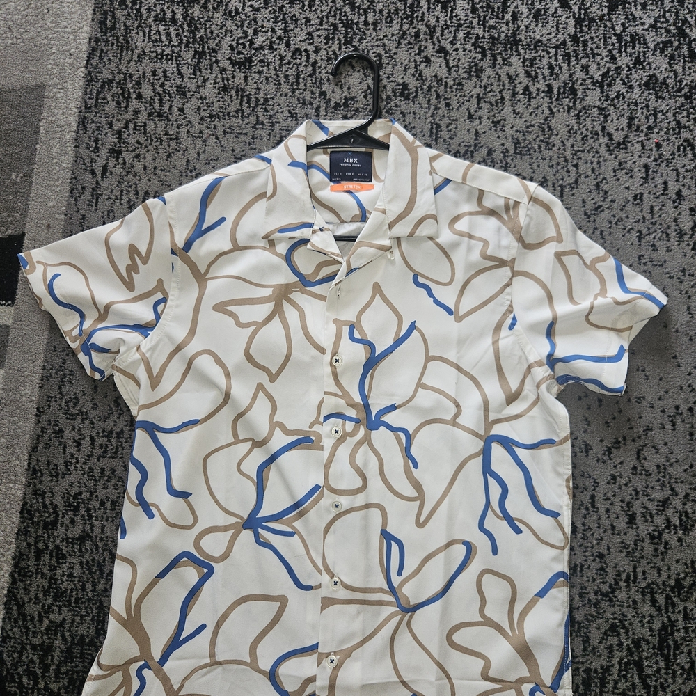 Men's Casual White and Brown Shirt with Blue Accents